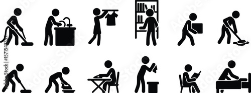 Stickman silhouettes showing various household tasks such as cleaning, ironing, mopping, washing, and organizing in black vector style