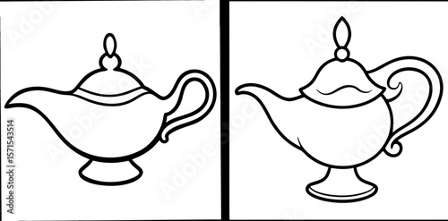 Aladdin Lamp Coloring Book Page – Outline Line Art Magical Genie Lamp Illustration for Kids and Adults