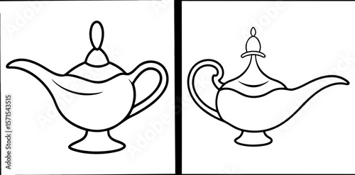 Aladdin Lamp Coloring Book Page – Outline Line Art Magical Genie Lamp Illustration for Kids and Adults