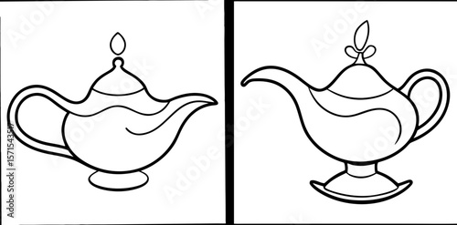 Aladdin Lamp Coloring Book Page – Outline Line Art Magical Genie Lamp Illustration for Kids and Adults