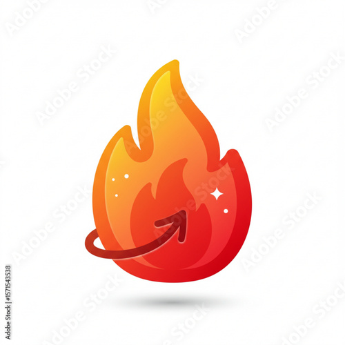 Cartoon flame with an arrow rotating around it in shades of red orange and yellow on white background
