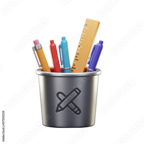 Illustration of a pencil holder with pens, pencils and a ruler on a white background studio shot