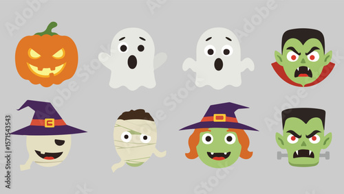 Cute Halloween Cartoon Characters Pumpkins, Ghosts, Witches, and Monsters
