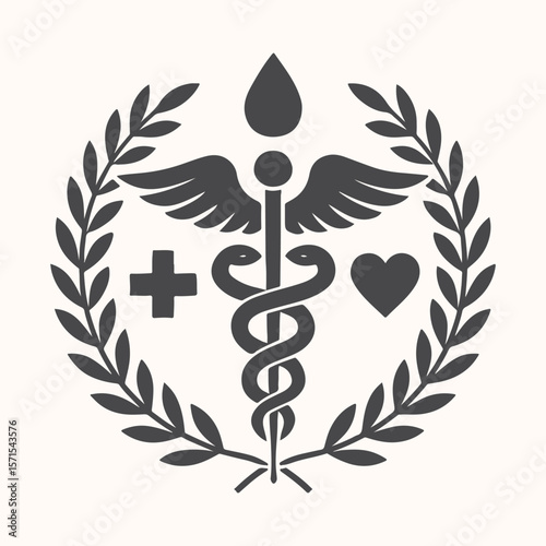Golden caduceus medical symbol with a laurel wreath and leaves on a white background, a victorious vector illustration and icon design element