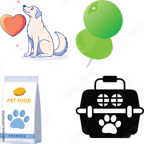 Vector art of a happy white dog sits beside a red heart, while green balloons and pet supplies are nearby