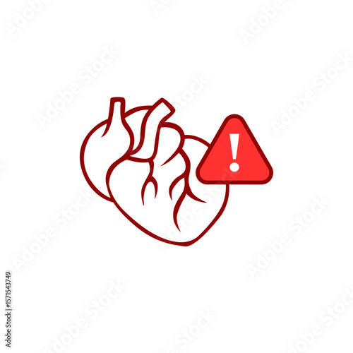 Anatomical heart with red triangle warning icon. emphasizes health warning or crucial alert.