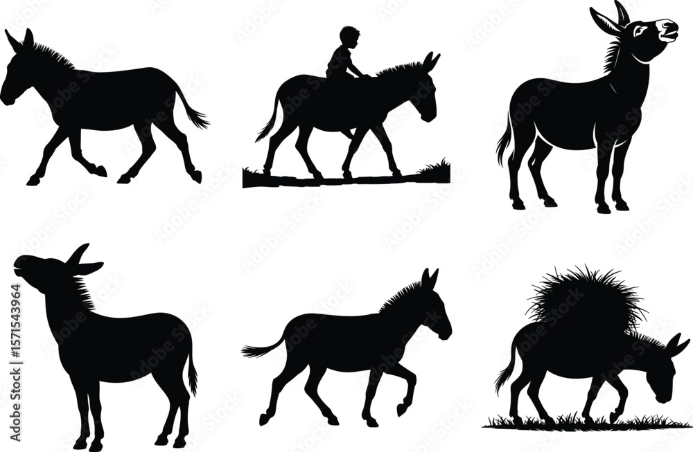 Fototapeta premium Donkey black Silhouette Bundle, Donkey SVG Vector Art, and White Background. Donkey clipart graphic illustration icon set.