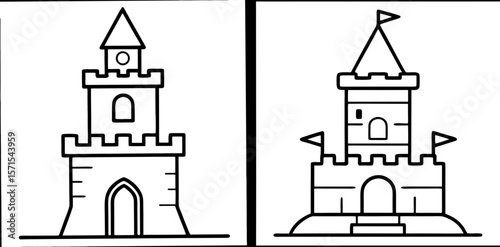 Castle Tower Coloring Book Page – Outline Line Art Medieval Fortress Illustration for Kids and Adults