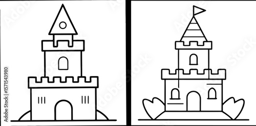 Castle Tower Coloring Book Page – Outline Line Art Medieval Fortress Illustration for Kids and Adults
