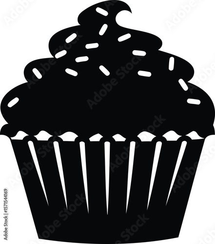 Cupcake with Striped Liner and Sprinkled Icing Silhouette – Sweet Baked Dessert Icon Vector for Food Design and Illustration