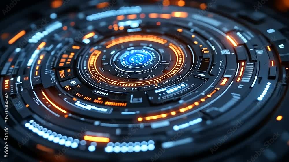 Futuristic Technology Abstract Background with Rotating Blue and Orange Glowing Elements Futuristic Technology Abstract Background with Rotating Blue and Orange Glowing Elements