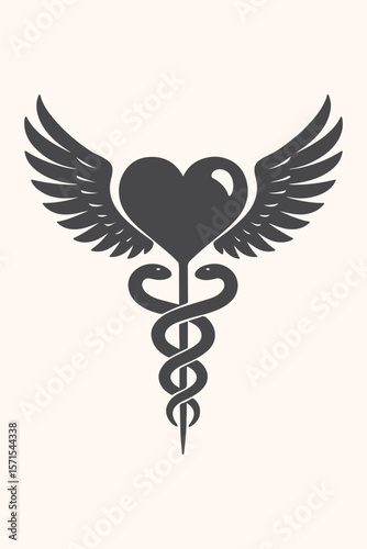 Caduceus medical symbol vector with heart, wings, and snake design