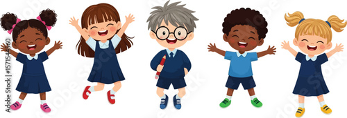 Happy diverse school children jumping wearing school uniforms back to school vector illustration design