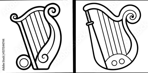 Harp Coloring Book Page – Outline Line Art Musical Instrument Design for Kids and Adults