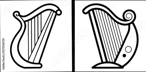 Harp Coloring Book Page – Outline Line Art Musical Instrument Design for Kids and Adults