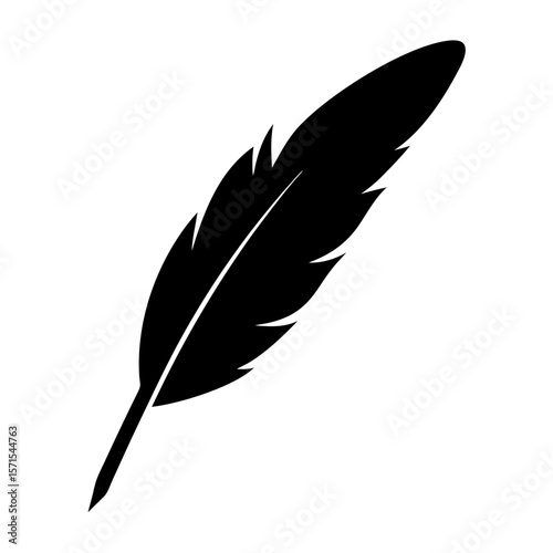 Stylized black feather on a white background evokes imagery of writing and birds