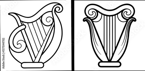 Harp Coloring Book Page – Outline Line Art Musical Instrument Design for Kids and Adults