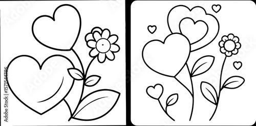 Hearts and Flowers Coloring Book Page – Outline Line Art Romantic Floral Design for Kids and Adults