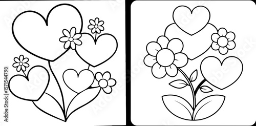 Hearts and Flowers Coloring Book Page – Outline Line Art Romantic Floral Design for Kids and Adults