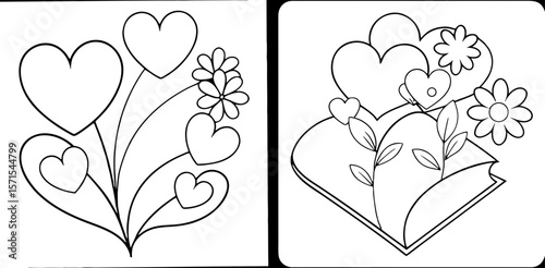 Hearts and Flowers Coloring Book Page – Outline Line Art Romantic Floral Design for Kids and Adults