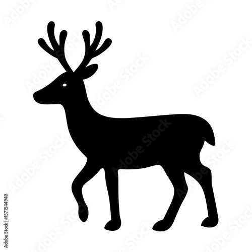 Elegant black silhouette of a reindeer walking on a white background