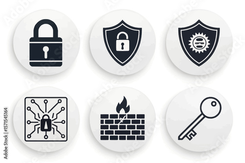 Six round icons on white background represent different aspects of digital security and protection