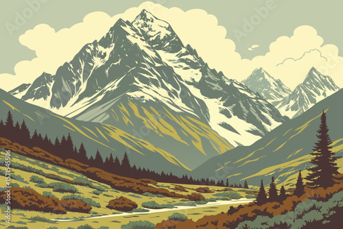 Stylized Mountain Range with Snowy Peaks in Minimal Landscape Style


