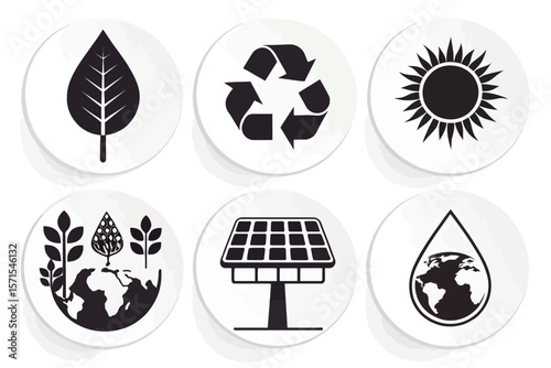 Six circular icons isolated on white background depict ecofriendly themes leaf, recycle symbol, sun, solar panel, earth with plants, and water drop