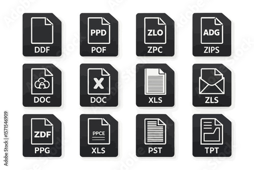 Set of various file format icons isolated on white background
