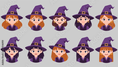 Cute Witch Girl Cartoon Character Illustrations Diverse Expressions and Hairstyles