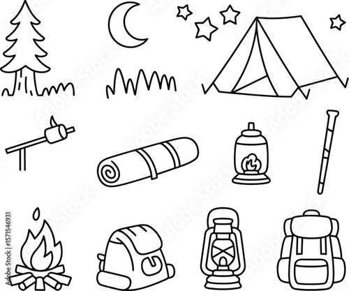 Collection of hand drawn black and white camping icons for outdoor adventures