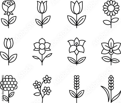 Collection of twelve simple line art floral icons and botanical elements