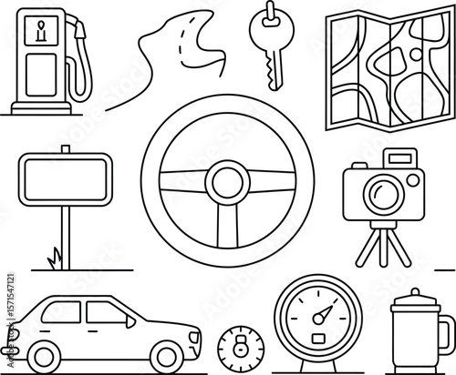 Collection of travel and road trip related icons in a simple line art style