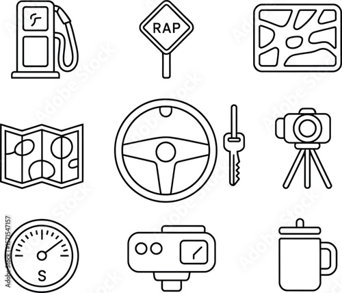 Collection of travel and adventure icons including a gas pump map steering wheel and camera