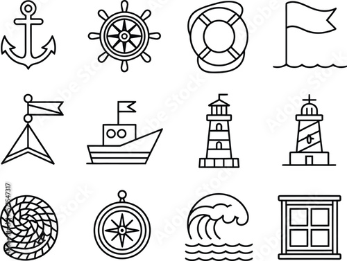 Collection of nautical and maritime line art icons on a white background
