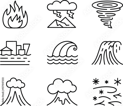 Collection of simple black line art icons representing natural disasters and weather events