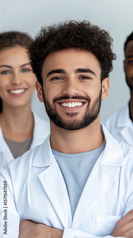 Smiling multiethnic medical team of young adults in white coats Smiling multiethnic medical team of young adults in white coats