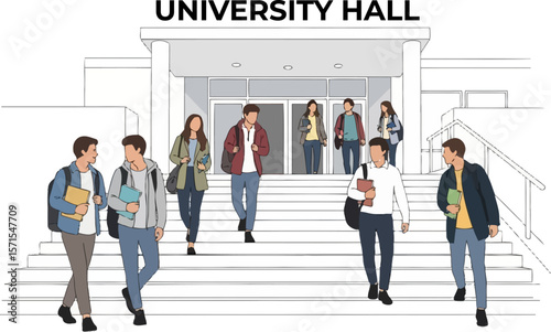 University students walking to class at university halle campus illustration