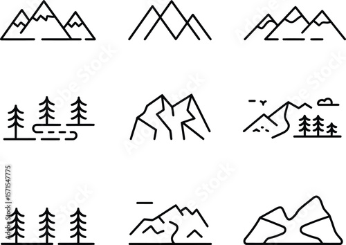 Minimalist Line Art Mountain and Forest Icons