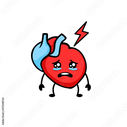 A red heart character with tears and a lightning symbol displays a mood of sadness and surprise.
