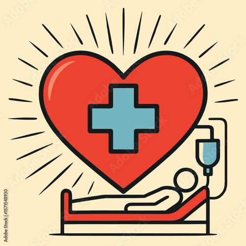 First aid kit icon, a red cross and heart symbol for health and medical care