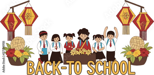 Back to school illustration with students and teacher for educational banner