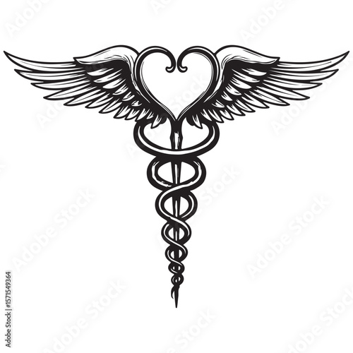 Golden caduceus medical symbol with wings, a snake, and heart, a healthcare and pharmacy design illustration