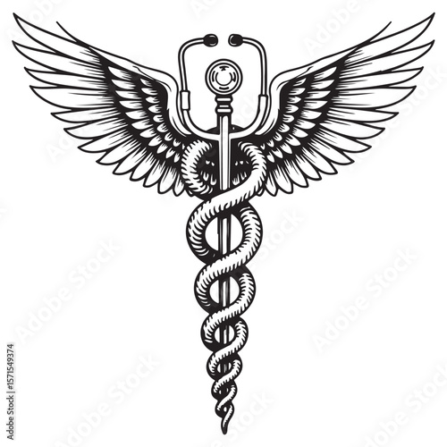 A golden caduceus medical symbol with wings and intertwined snakes on a white background, representing health and pharmacy