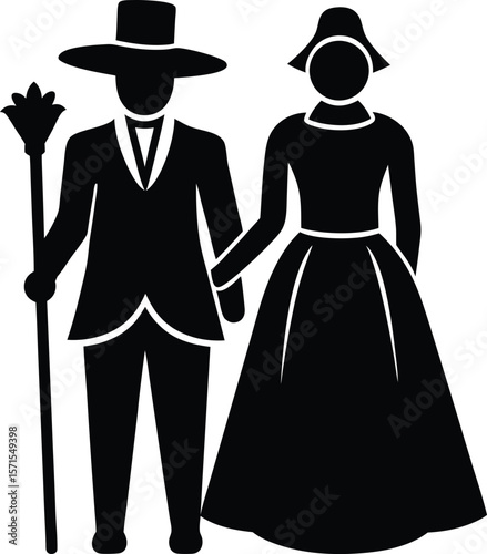 Pilgrim couple vector silhouette