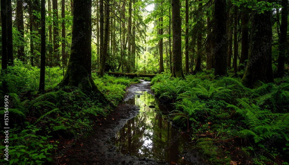 Obraz premium Lush forest pathway reflecting light