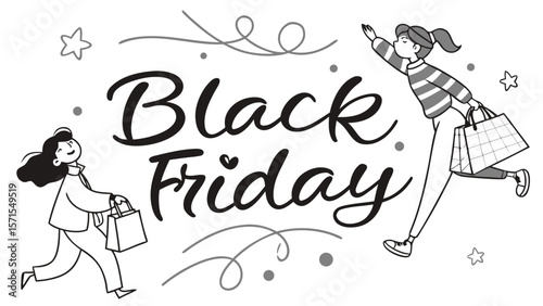 Excited shoppers celebrate black friday with shopping bags and festive decorations