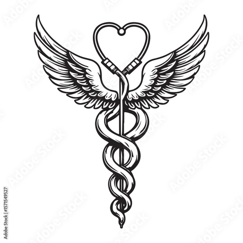 Golden caduceus medical symbol vector illustration with wings and snakes, a healthcare emblem