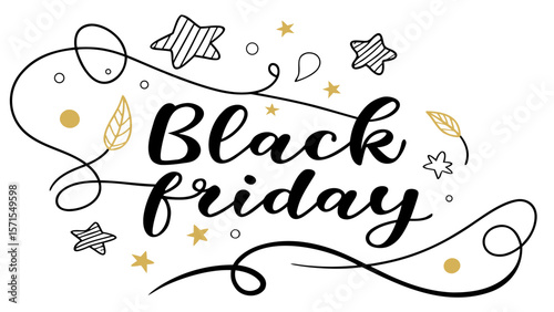 Elegant black friday handwritten calligraphy with gold stars and decorative elements