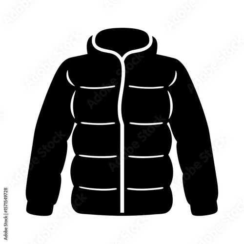 Isolated black puffer jacket with white accents on a white background